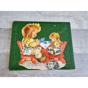 1961 Sifo Child & Doll Tea Party Preschool Inlaid Jigsaw Puzzle Made in USA